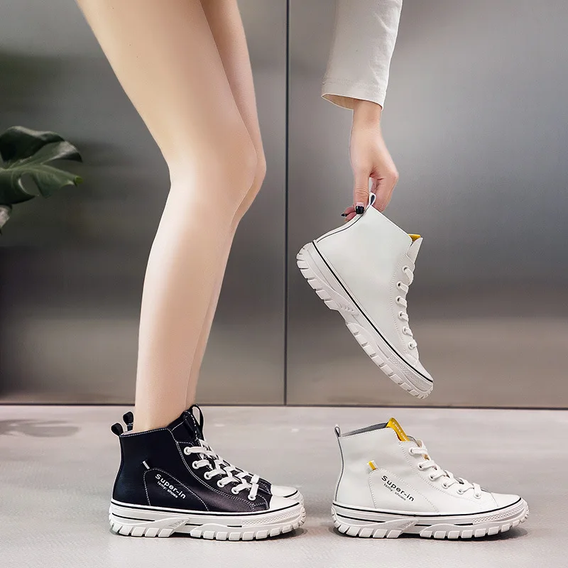 

High Shoes Women's 2019 Spring And Autumn New Style White Shoes Genuine Leather Punched Sheet Red Versatile Casual Flat Students