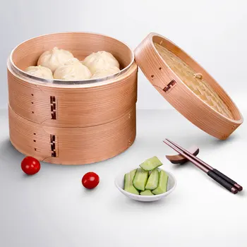 

2 Tier Durable Cookware Bamboo Steamer Chinese Kitchen Cookware Fish Rice Dim Sum Basket Rice Pasta Cooker Set With Lid