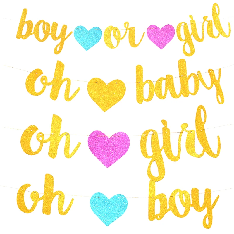 

1Set Glitter Gold Boy or Gilr /Oh baby /Oh Boy /Oh Girl Banner Flag Heart Paper Banners Baby shower Gender Reveal Party Supplies