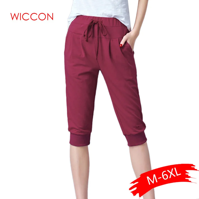 

High Waist Stretch Pants Women Summer Calf Length Harem Pants Large Size Casual Trouser Joggers Sweatpants Capri