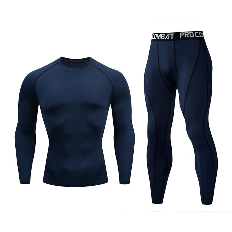 Фирменный мужской однотонный комплект для фитнеса, компрессионная футболка+ колготки, спортивный комплект для спортзала, набор для бега и быстросохнущего MMA Rashguard