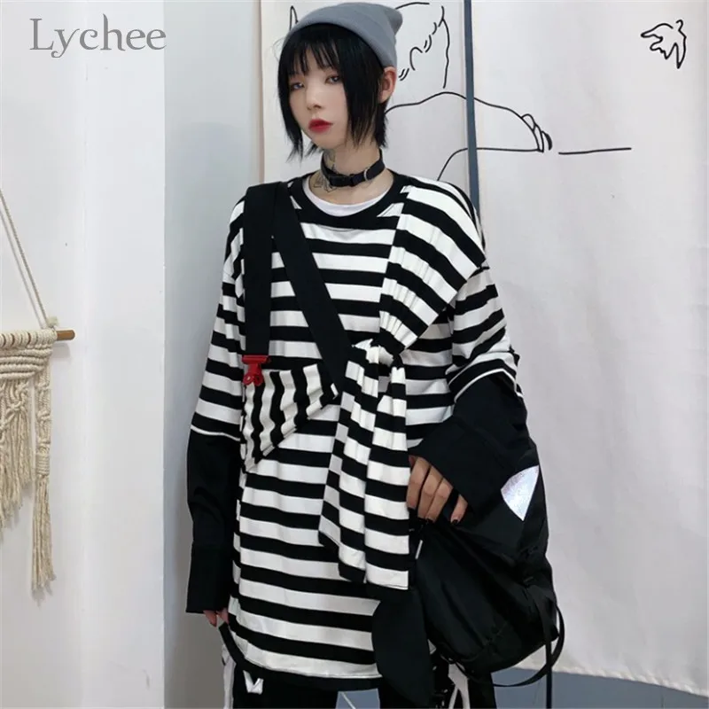 Lychee Harajuku Лоскутная черно-белая полосатая женская футболка Осенняя галстук Поддельные 2 штуки женские футболки цветная женская футболка