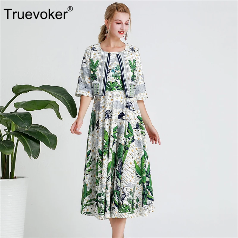 

Truevoker Autumn Designer Set Suit Women's Elegant Green Trees Printed Jacket + Beading Diamond Midi Dress Two Pieces Set Suits