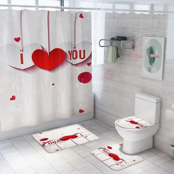 

Bathroom Set Waterproof Shower Curtain Toilet Cover Mat Non Slip Rug Home Decor Valentine's Day