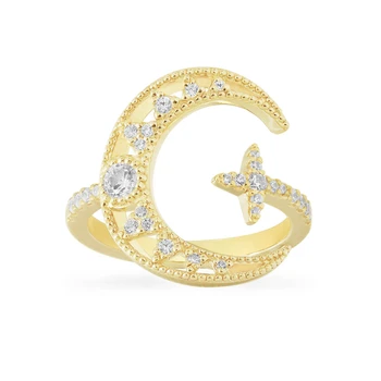 

SLJELY Real 925 Sterling Silver Yellow Gold Color Cubic Zirconia Star Moon Open Ring Adjustable Size Women Fashion Brand Jewelry