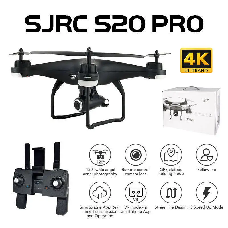 Квадрокоптер SJRC S20 PRO радиоуправляемый с камерой широким углом обзора 4 к WIFI FPV