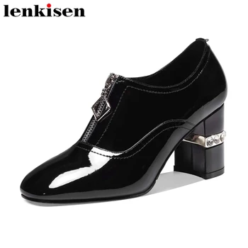 

Lenkisen new big size genuine leather square toe high heels shoes women metal fasteners rhinestone gorgeous zip basic pumps L25