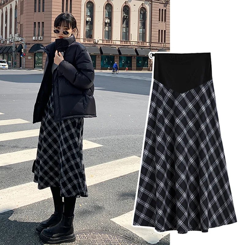Winter Maternity Skirt Adjustable Waist Preppy Style Pregnant Woman Plaid Skirts Plus Size Pregnancy Clothes Long Skirts