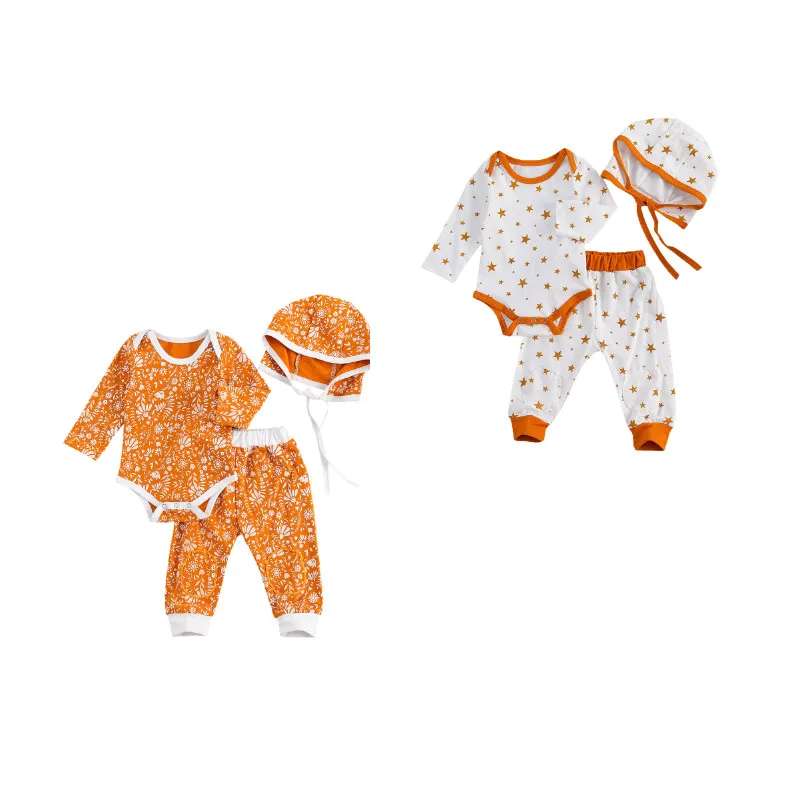 

Baby Girl Clothes Set Newborn Infant Clothes Fashion 3PCS Print Long Sleeve Romper Tops+Long Pants+Hats Bebes Set  