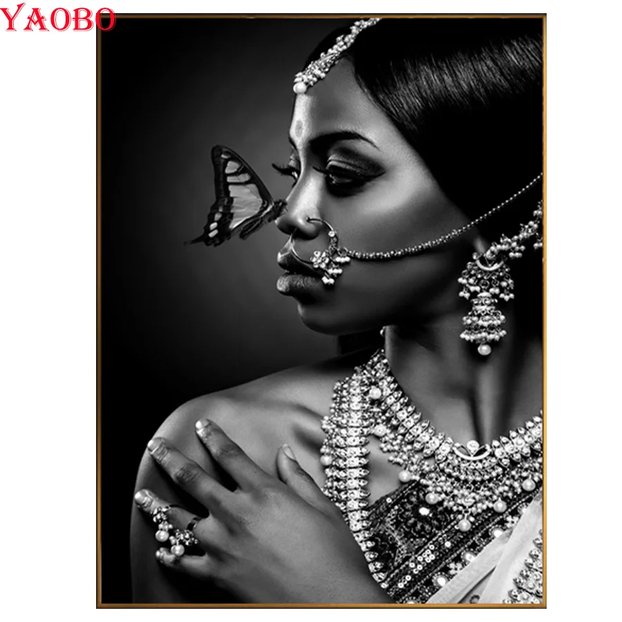 African woman butterfly diamond embroidery mosaic full square round 5d diy painting black white wall art photo | Дом и сад