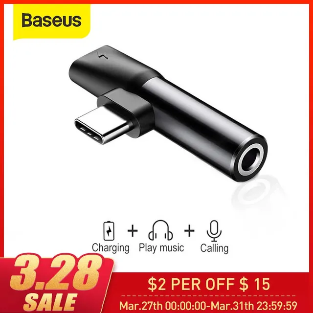 US $6.79 Baseus 2 in 1 USB Type C Converter to 3.5mm Aux Jack Adapter USB C Charging Extension Earphone Adap