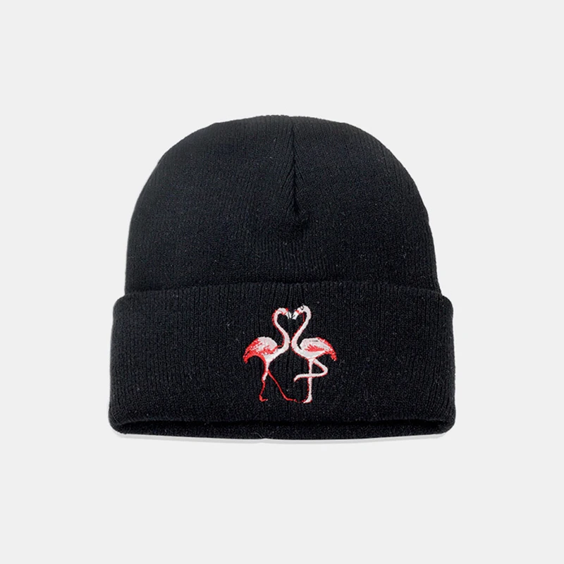 

Women Hat Winter Beanie Women Flamingo Hip Hop Autumn Warm Skiing Embroidery Brim Outdoor Accessory
