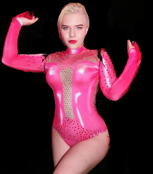 Pink Bodysuit Розовый костюм с длинным рукавом и кристаллами для девушек, DJ, певиц, сценический костюм, стразы, комбинезон для бара, ночного клуба, танцора, выступлений, танцевальная одежда - Цвет: Pink Bodysuit