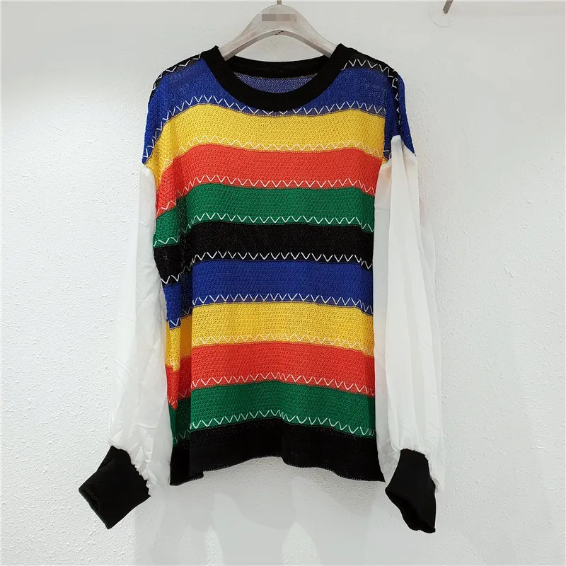 

Oversize Rainbow Sweater Jumper Women 2020 Early Autumn New Design Lantern Sleeve Stitching Rainbow Striped Sweaters Pullovers