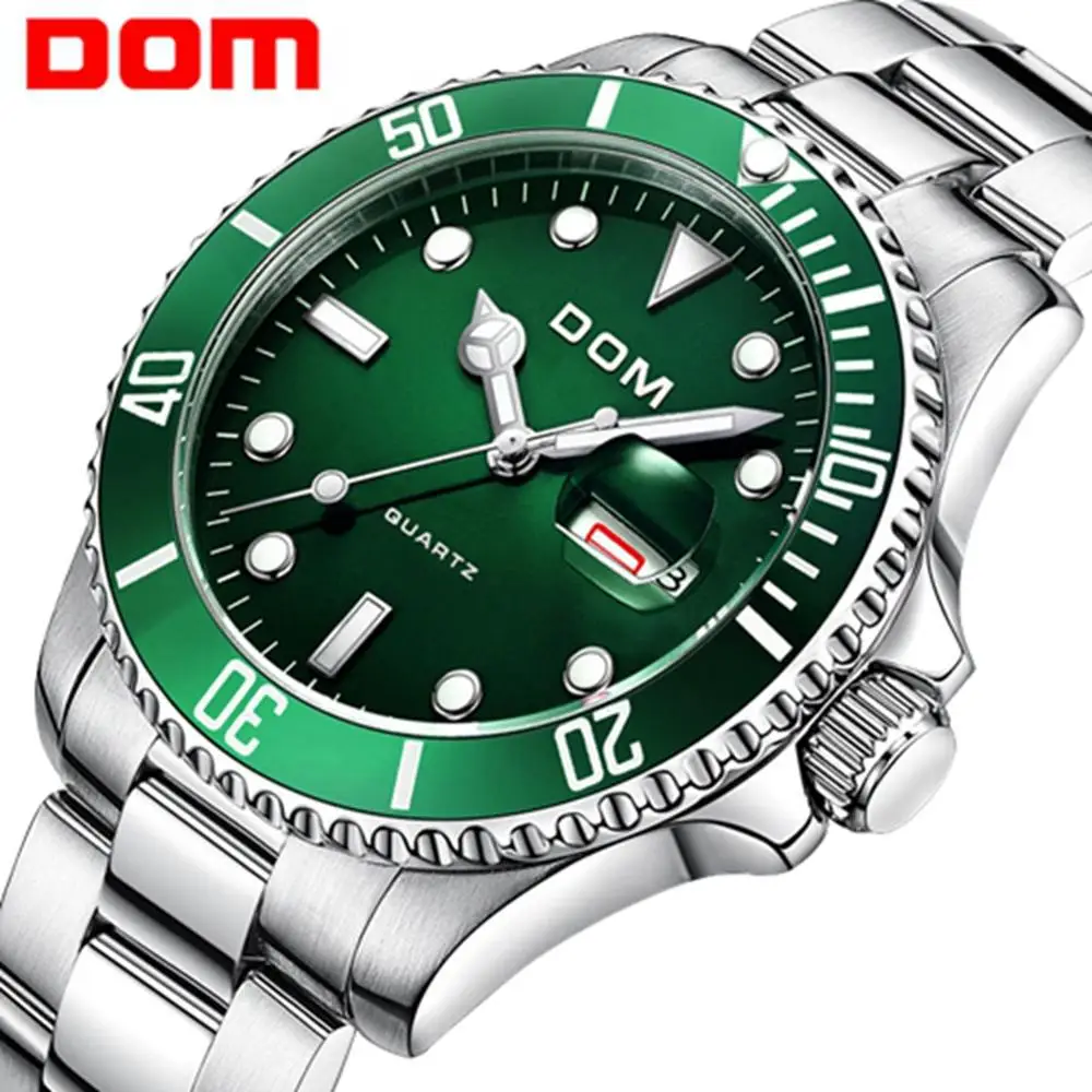Часы DOM Мужские кварцевые спортивные аналоговые полностью стальные с зеленым