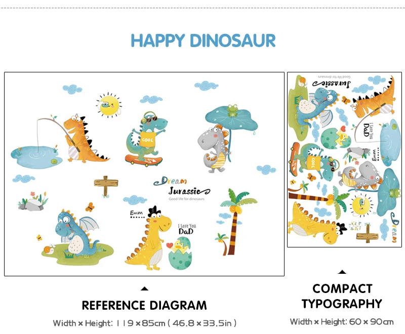 Cartoon volcano little dinosaur wall stickers creative kids room decoration cute sticker self-adhesive baby bedroom wall decor
