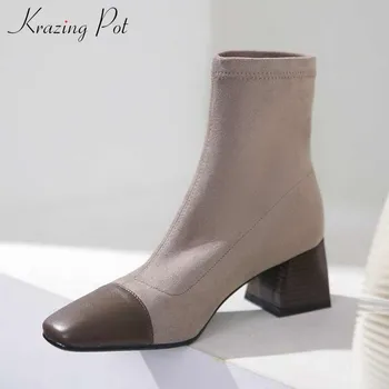 

krazing pot square toe mixed colors sheep leather flock stretch boots high heels slip on winter keep warm women ankle boots L10