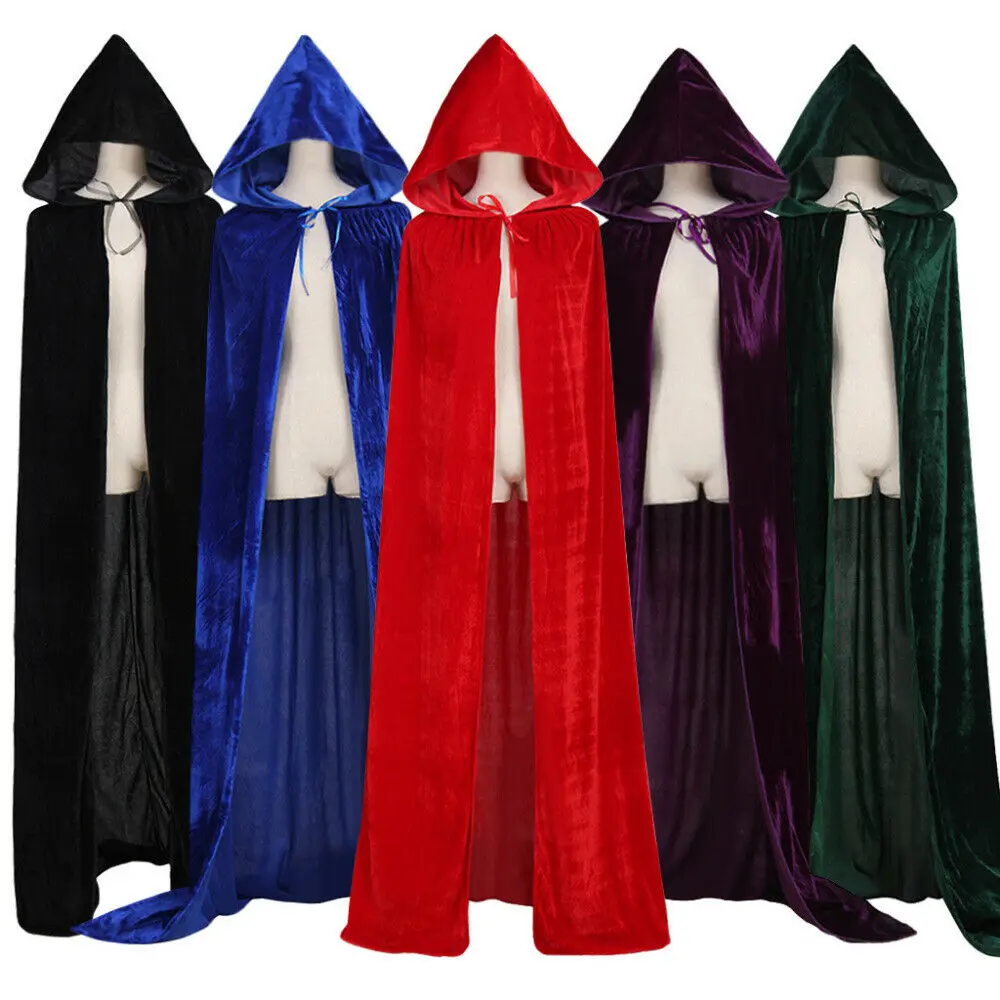 

Adult Halloween Velvet Cloak Cape Hooded Medieval Costume Witch Wicca Vampire UK