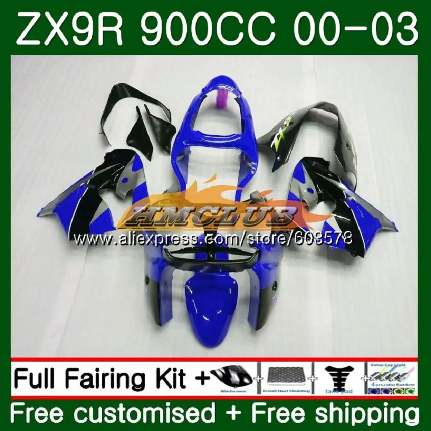 Корпус для KAWASAKI ZX-9R ZX 9R 9 R 900 ZX9R 00 01 02 03 111CL. 46 ZX900 ZX9 R 900CC 2000 2001 2002 2003 черно-голубые обтекатели