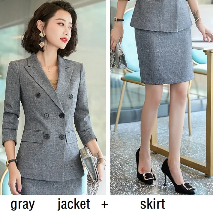 gray jacket skirt Женские костюмы, тонкая осенне-зимняя однотонная куртка, штаны, комплект из 2 предметов, Деловые женские брючные костюмы, женские костюмы, 8256 - Цвет: gray jacket skirt
