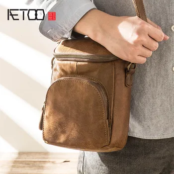 

AETOO Leather retro shoulder bag, head leather waist hanging bag, simple literary men's bag