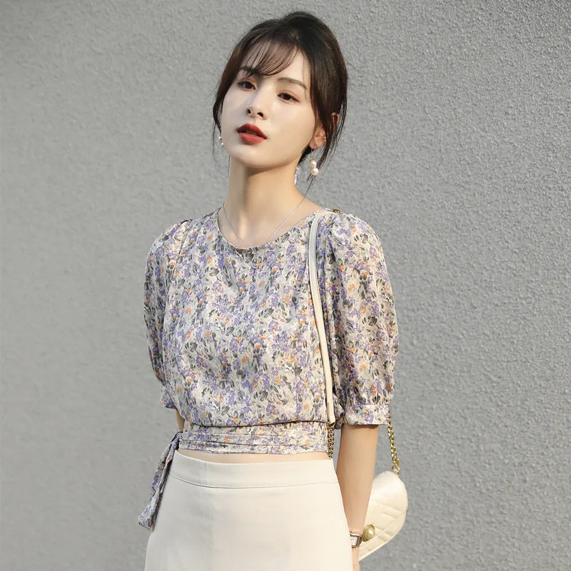 Новая летняя шифоновая блузка в стиле ретро с тонкой талией и эффектом