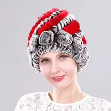 

Real Fur Women's Cap Natural Rex Rabbit Fur Cap Elastic Knitted Hat with Flower Handmade Headgear Female Winter Striped Beanies