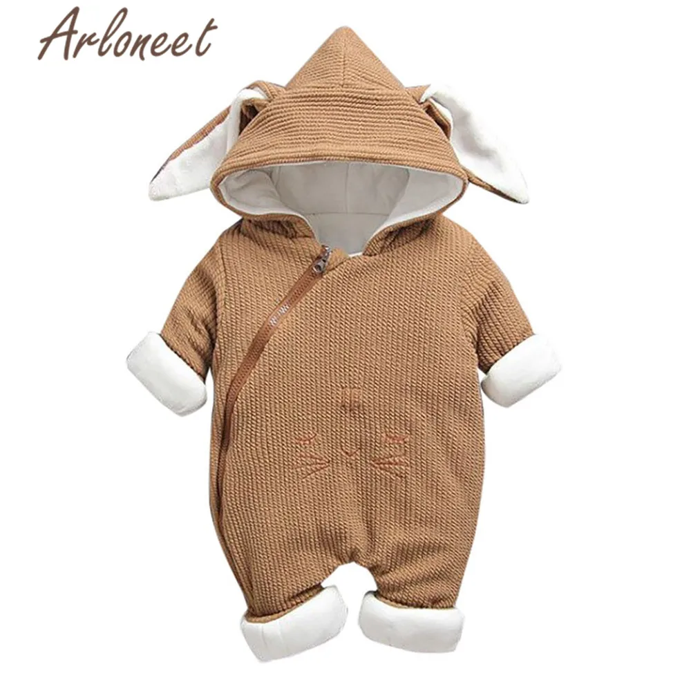 ARLONEET Cartoon Coat Baby Boy Romper Winter Bunny Ear Baby Girls Zipper Rompers Coat Jumpsuit Hooded Baby Romper Bebe Menina - Цвет: Кофе