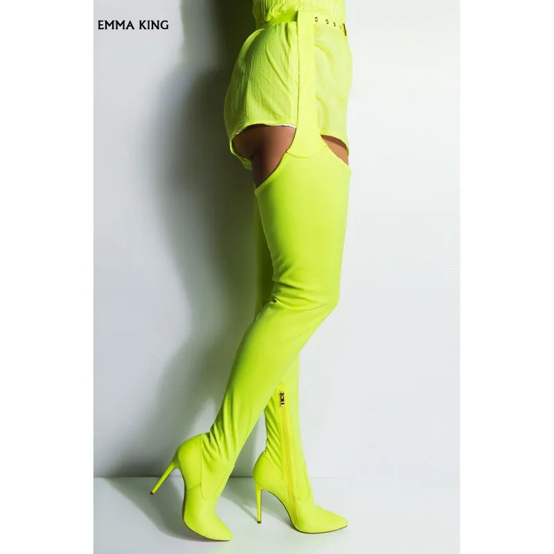 

2019 Newest Sexy Neon Green Crotch High Boots Belted Thigh High Boots Stiletto Chap Boots Women Pointied Toe Over The Knee Boots
