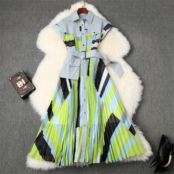 

High Quality Runway Dress Summer Designer Woman Clothes 2020 Fashion Turn Down Collar Shirt Patchwork Print Midi Pleated Dress