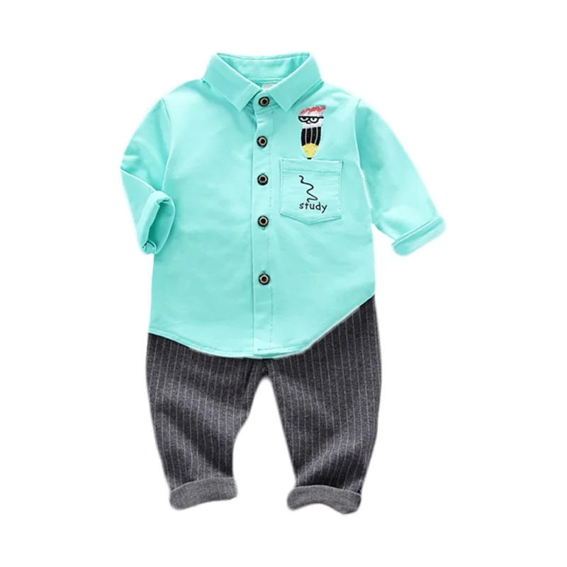 

New Autumn Baby Boys Casual Long Sleeve Cartoon Print Shirt Blouse Tops+Stripe Pants Trouser Set