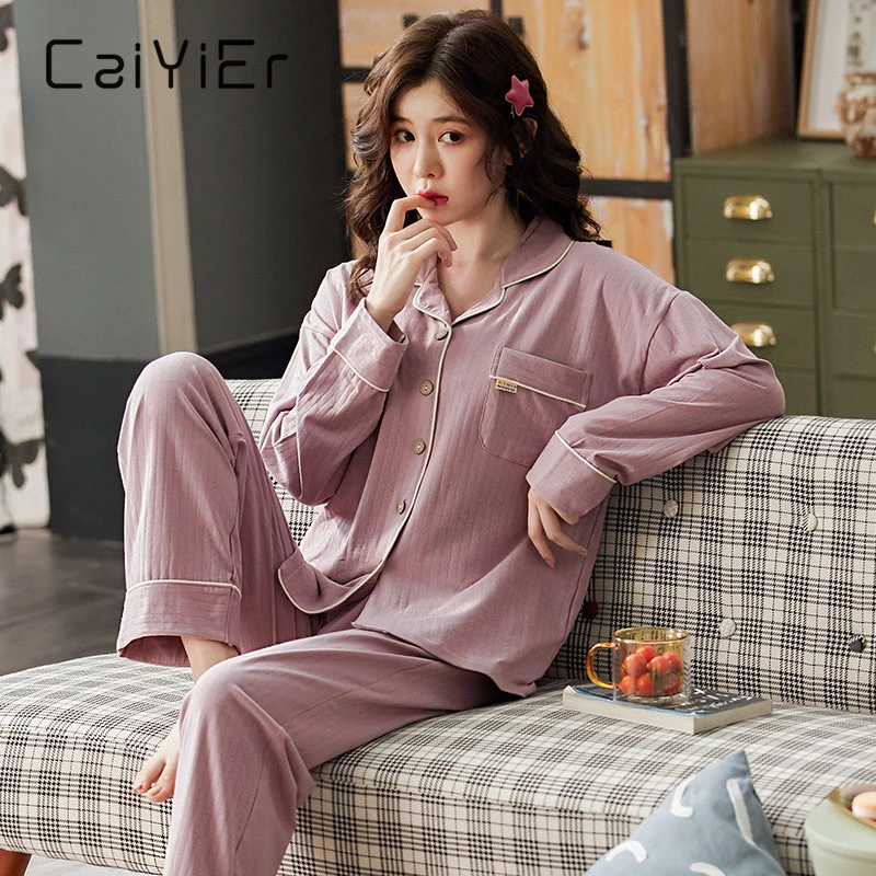 

CAIYIER New Women Winter Pajamas Turn-down Collar Cotton Nightwear Girls Large Size Homewear Long Sleeve Casual Sleepwear M-XXXL