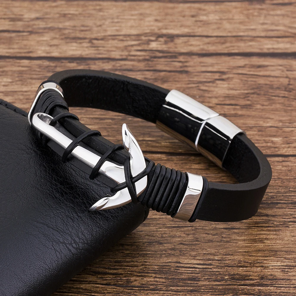 

Fashion Multilayer Charm Genuine Leather Bracelet Men Hand Jewelry Braide punk Stainless Steel Magnet Anchor Accessories
