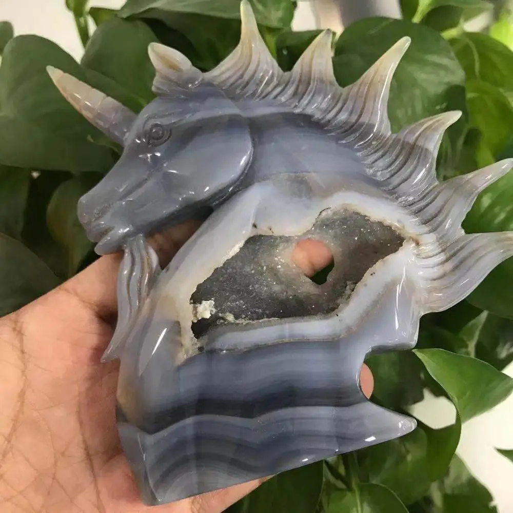 Натуральный агат Geode Единорог Drusy Druse фигурка животного Кристалл кварц драгоценный камень ручной резное исцеление для украшения дома подарок