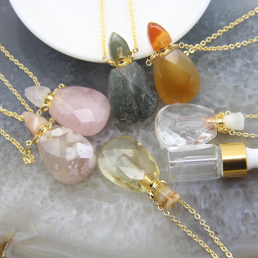 Natural Citrines/Agate/Garden Crystal Perfume Bottle Pendants,Rose/White Quartz Essential Oil Diffuser Vial Necklace Jewelry