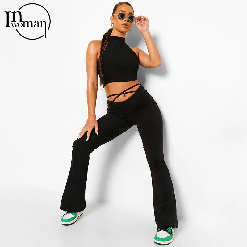 INWOMAN Women Sexy High Waist Bodycon Bell Bottom Pants Black Lace Up 2021 Flare Pants Female Party Skinny Wide Leg Pants Ladies