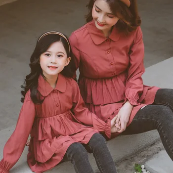 

Girls Cake Pleated Dress Spring New Parent-child Dress Mother & Daughter Long Sleeve Lapel Solid Color Clothing