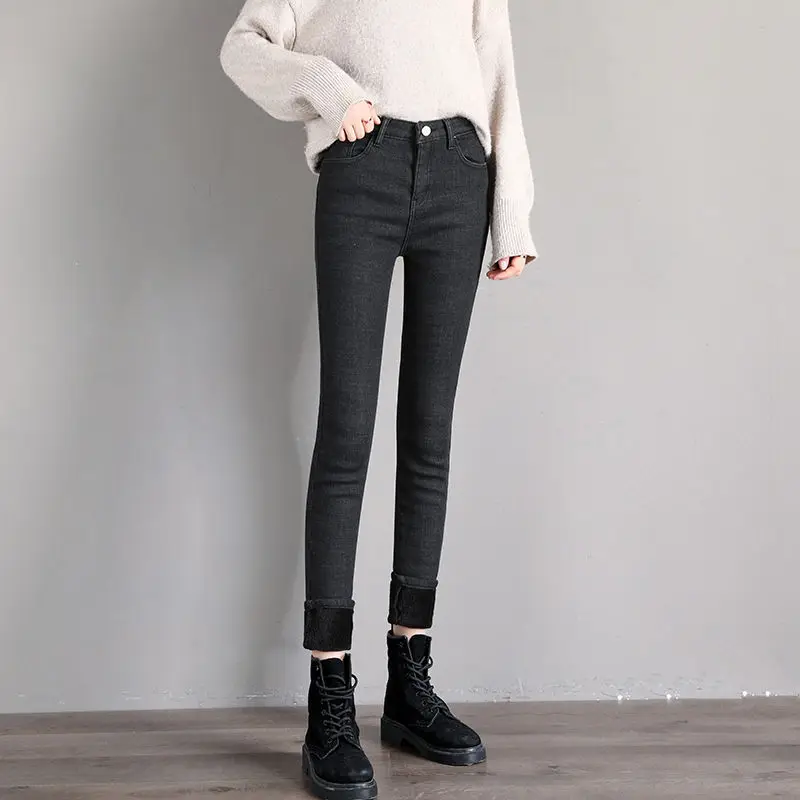 black black velvet Вельветовые зимние джинсы, женские обтягивающие джинсы с высокой талией, теплые плотные джинсовые узкие брюки, длинные флисовые брюки, черные джинсы для мам C5951 - Цвет: black black velvet