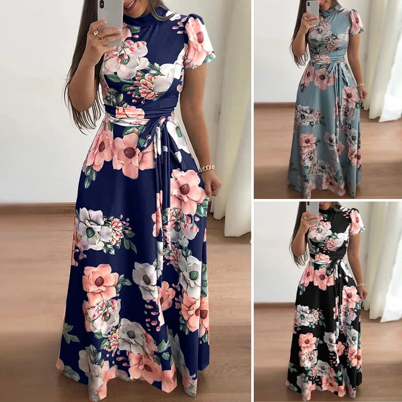 Женские, с цветочным узором, с коротким рукавом, Boho платье, женское вечернее длинное платье макси