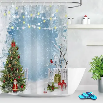 

Fabric Shower Curtain Unique Christmas Tree Gifts Winter Party Bathroom Decor Hooks