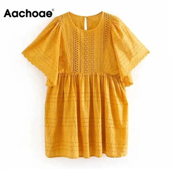 

Aachoae Women Sweet O Neck Cotton Embroidery Mini Dress Summer Hollow Out Yellow Dresses Flare Short Sleeve Holiday Casual Dress