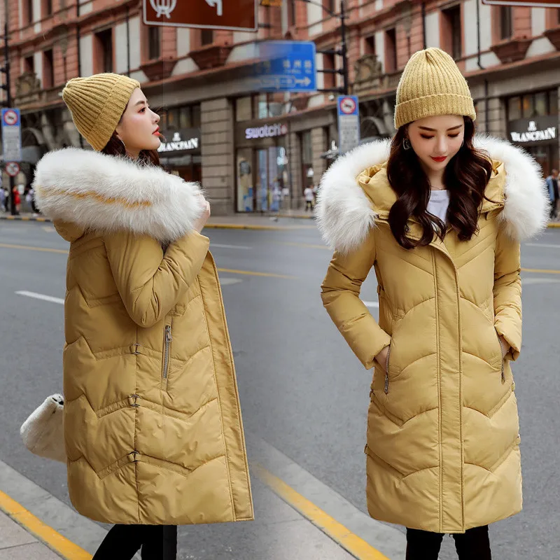 

Cotton Coat Women's Mid-length Large Fur Collar Winter New Style Korean-style Loose Thick over-the-Knee down Feather Cotton-padd
