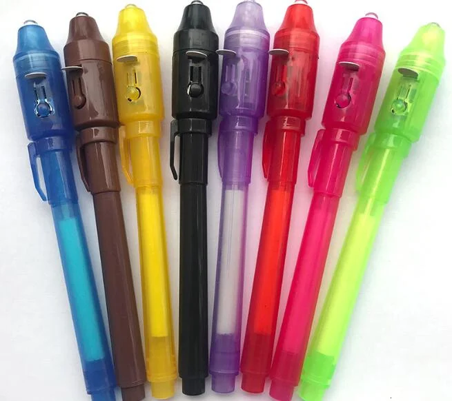 100pcs/lot , 2 in 1 INK Pens, Invisible UV Pen, secret message pen,8 colors mixed