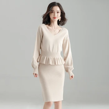 

2020 Spring New Women Sweater + Straped Dress Sets Solid Color Female Two Pieces Sets Suits Pullover Sweater Knit Mid Calf Dress