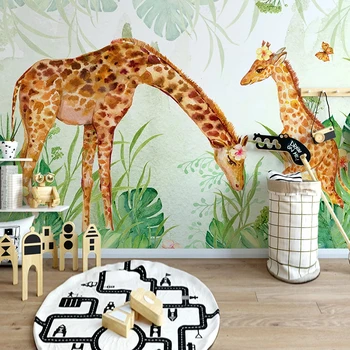 

Custom Mural Hand Painted Animal Green Leaf Giraffe Children Room Kindergarten Kids Bedroom Waterproof Self-adhesive Wallpaper