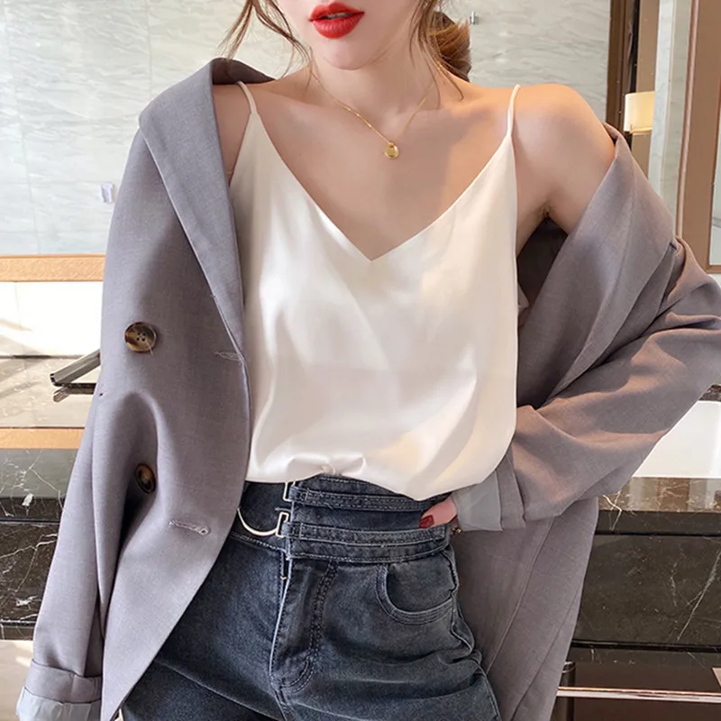 Korean Silk Women Tops Camis Woman Satin Tank Top Plus Size Lady V Neck Camis Women Sleeveless White Tops Sexy Halter Top XXXL