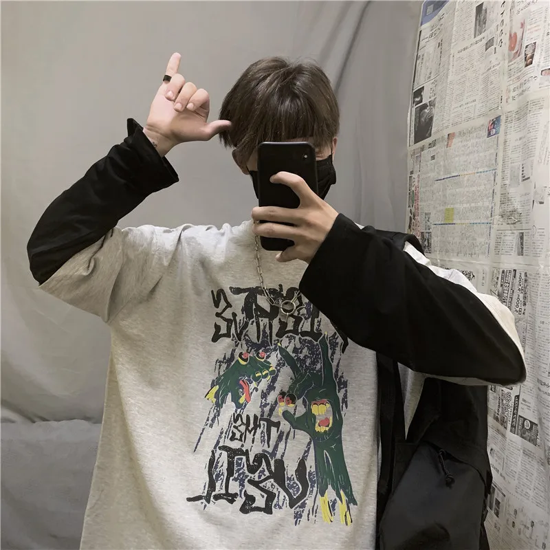 fall Vogue personality long sleeve t shirt men Dinosaur print Patchwork Long sleeve Loose hip hop Vogue men clothes 2019 Vintage