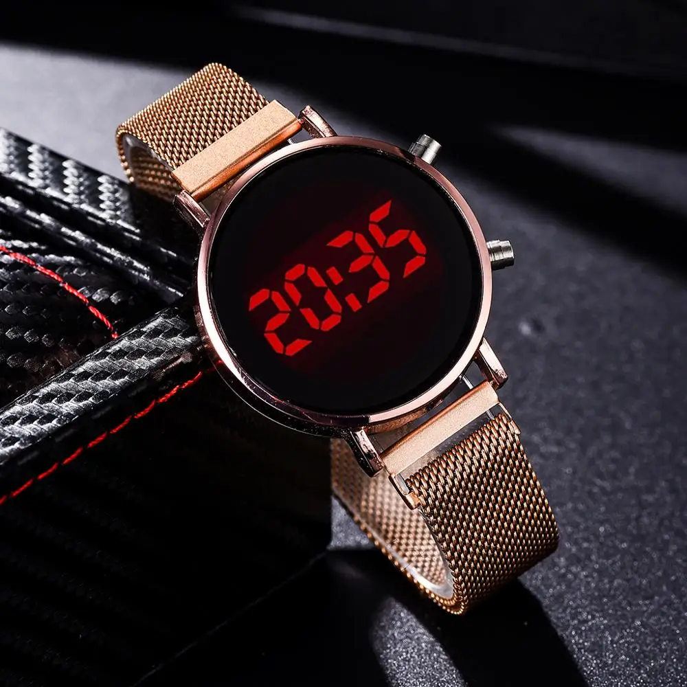 New Fashion Women Watch Touch Screen LED Watches Magnetic Mesh Belt Female Watch Electronic Clock Digital Wristwatches for Gift afbeelding