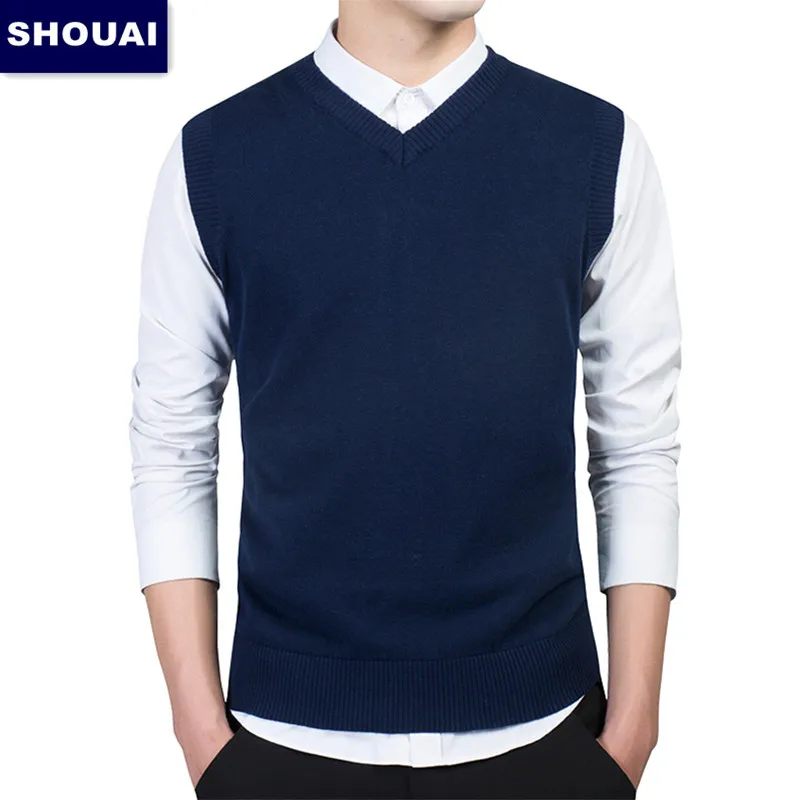 SHOUAI-Chaleco de lana sin mangas para hombre, jersey de estilo informal, de punto, color gris oscuro, negro, azul oscuro, gris claro, 4XL