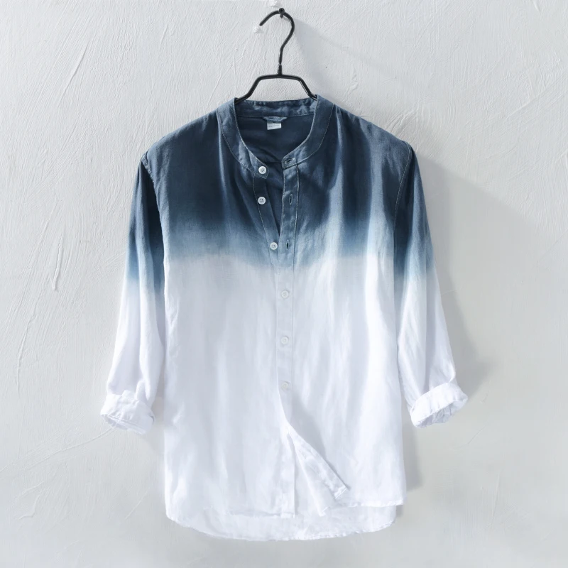 

New style men's pure linen gradient long sleeve shirt casual stand collar fashion shirt mens comfortable flax shirts men chemise